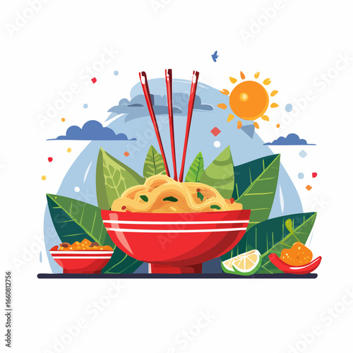 A vibrant illustration of a bowl of noodles with chopsticks and fresh ingredients.