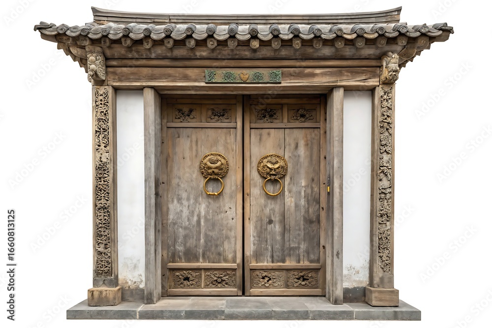Fototapeta premium Ornate antique wooden double doors with traditional chinese architectural elements