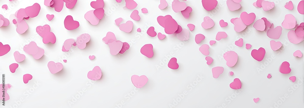 Delicate pink paper hearts scattered on white background