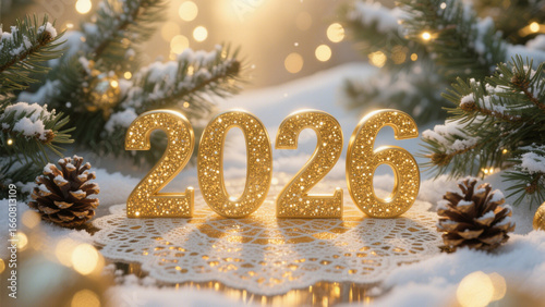 A festive 2026 New Year scene featuring numerals '2026' in shimmering gold with intricate glitter patterns, centered on a delicate lace-patterned surface. Happy New Year, Happy New Year 2026