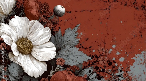 A beautiful arrangement of white daisy like flowers blooming against a textured aged red brick wall creating a serene and natural composition