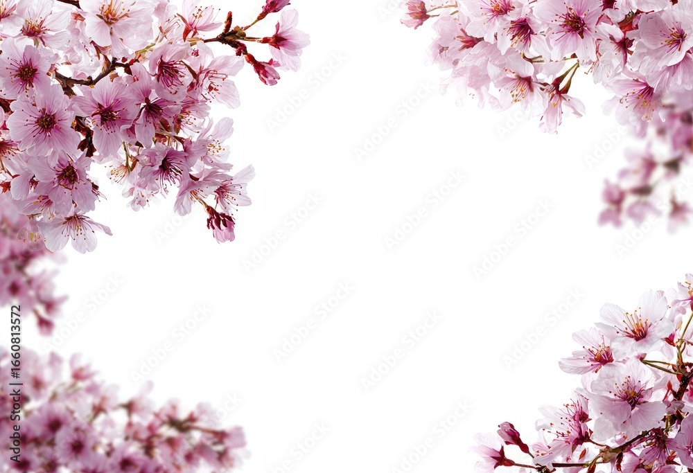 Obraz premium Pink cherry blossoms frame a white background (2)
