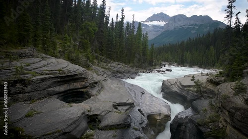 Whitewater River in Rocky Canyon with Conifer Forest and Mountain Backdrop