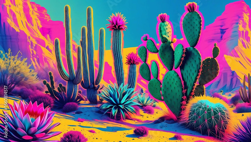 Desert Oasis in Neon Dreams: A surreal landscape of the desert bathed in vibrant neon colors, featuring cacti and desert plants, creating a visual spectacle of artistic wonder.
