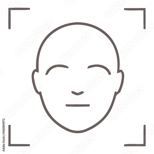 Line vector illustration of a neutral human face inside scanning brackets, symbolizing biometrics, facial recognition, AI, and identity verification.