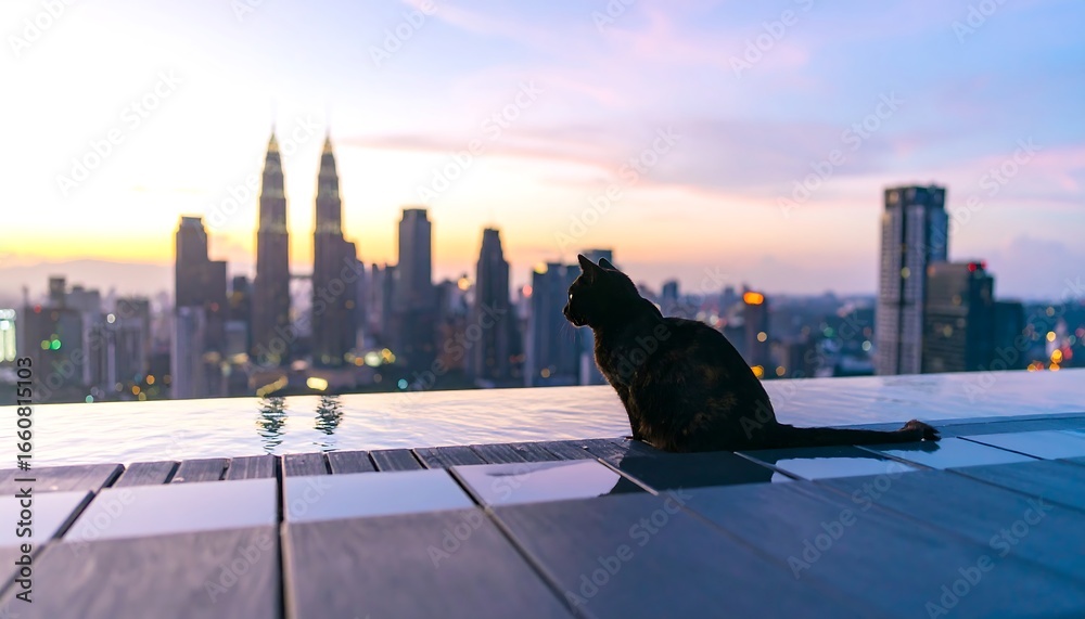Obraz premium Silhouette cat on rooftop pool overlooking city skyline at sunrise