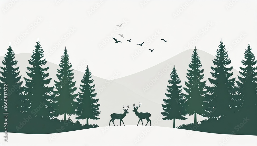 Fototapeta premium Serene forest landscape with tall pine trees mountain background and two majestic deer standing in a quiet snowy scene with flying birds du daytime