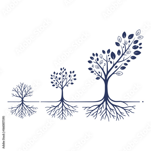 Vector illustration of multiple stylized trees with roots, representing genealogy, family connections, growth, and sustainability.