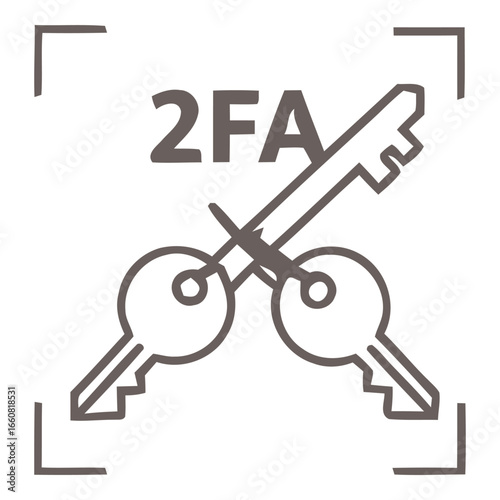 Line vector illustration of crossed security keys with "2FA" text, symbolizing two-factor authentication, cybersecurity, password protection, and online account security.