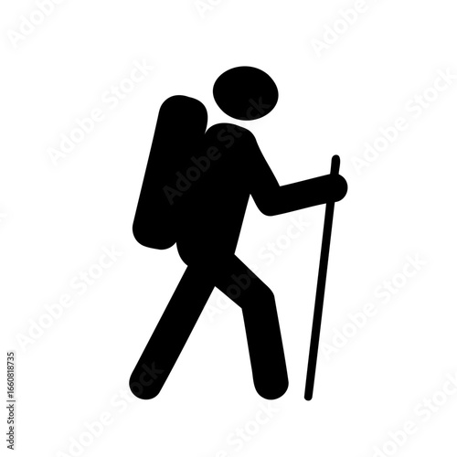 Silhouette of a hiker with a backpack and trekking pole isolated