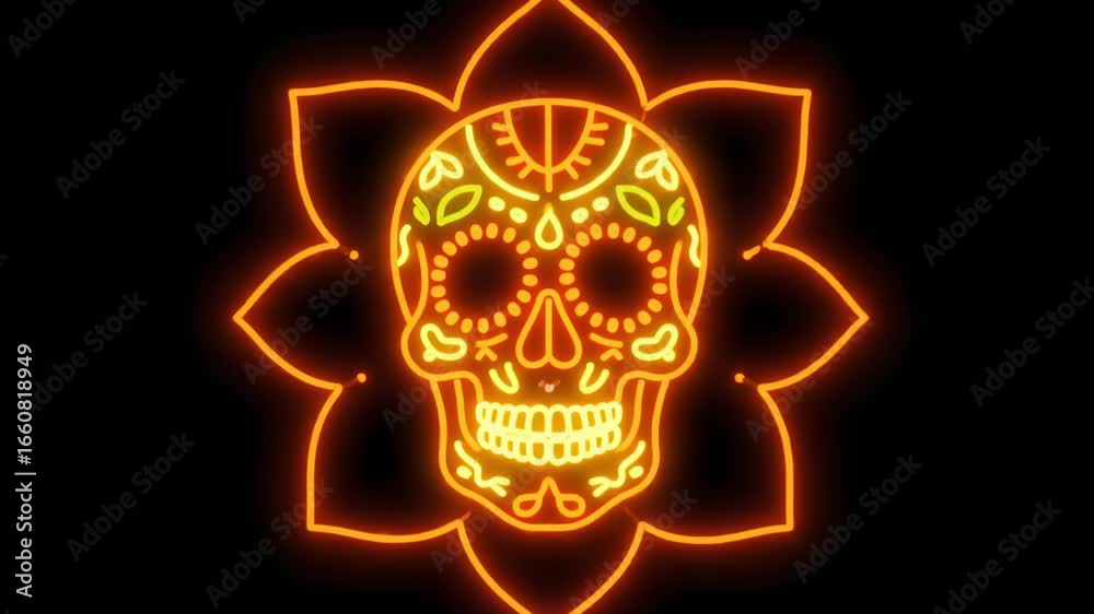 Neon skull design within a flower shape glowing against a black background celebrating a cultural holiday. Bright neon details with detailed patterns and vibrant colors. Neon skull design within a flower shape glowing against a black background celebrating a cultural holiday. Bright neon details with detailed patterns and vibrant colors.