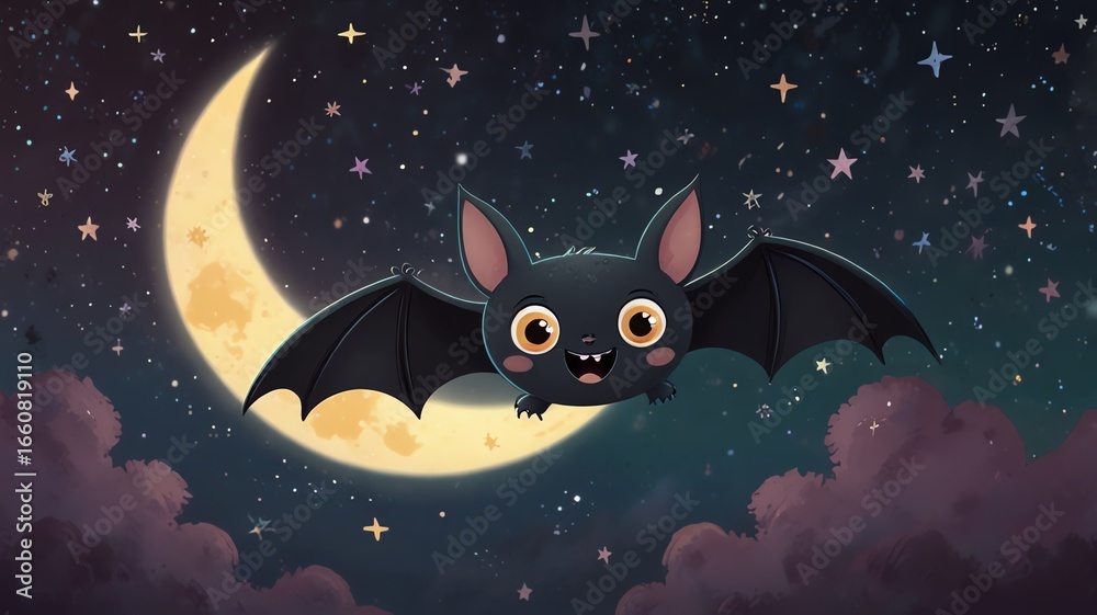 Fototapeta premium Adorable cartoon bat flying against a crescent moon and starry night sky. Perfect for children's books, Halloween, or whimsical designs.
