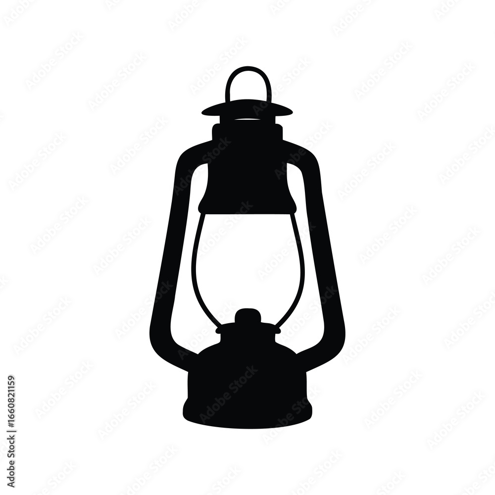 Obraz premium Camping lantern silhouette icon - Black silhouette icon of a camping lantern with handle and glass enclosure, used for outdoor lighting, survival gear, and camping equipment. 