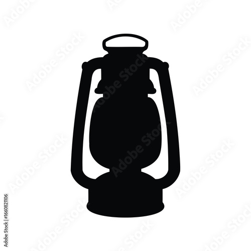 Vintage kerosene lantern silhouette icon - Black silhouette of a vintage kerosene lantern, commonly used for camping, outdoor lighting, and emergency illumination. Classic rustic lamp design.
