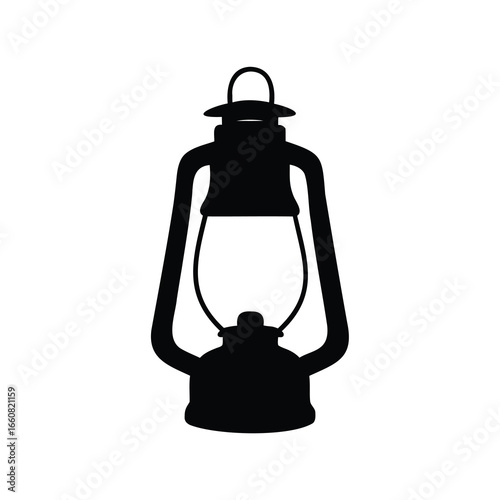Camping lantern silhouette icon - Black silhouette icon of a camping lantern with handle and glass enclosure, used for outdoor lighting, survival gear, and camping equipment.
