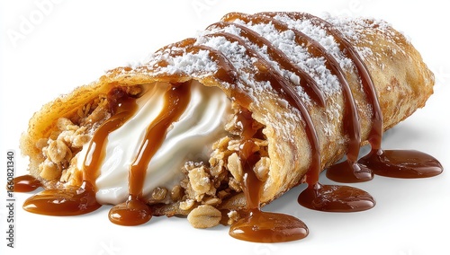 Sweet, sugared crepe filled with whipped cream and granola, drizzled with caramel