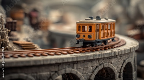 Detailed miniature wooden tram car sits on curved railway tracks. Old stone arch bridge in a charming toy diorama scene.