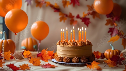 Celebrate autumn birthdays with festive pumpkins, balloons, and a delicious caramel cake adorned with lit candles