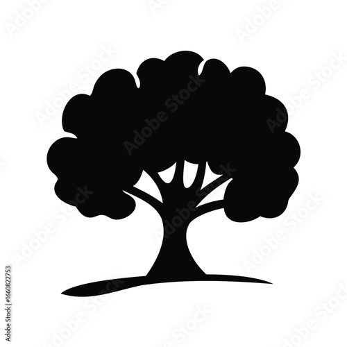 Stylized Black Silhouette Tree Vector Icon with Lush Foliage and Trunk, Ideal for Nature, Environment, or Growth Concepts on Websites and Marketing Materials
