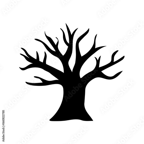Stylized Black Silhouette of a Bare Deciduous Tree Vector Illustration Isolated on a White Background, Ideal for Nature, Halloween, or Spooky Design Elements