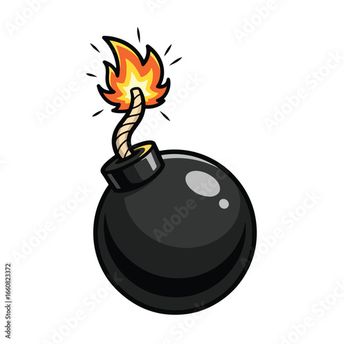 A classic cartoon-style black spherical bomb with a lit, sparking fuse, ready to detonate.