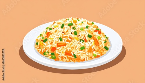 Illustration of a plate filled with colorful fried rice featu vegetables like peas carrots and green onions, served on a beige background