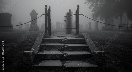 A grayscale photo of a cemetery gate open to steps Headstones are in a misty background