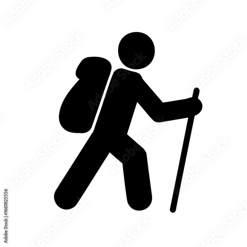 Silhouette of a hiker with backpack and walking stick, vector illustration