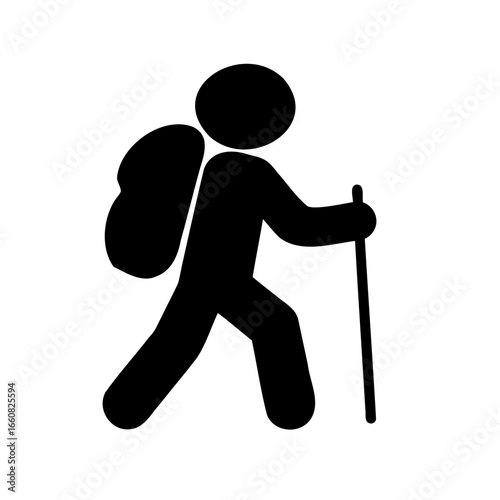 A minimalist illustration of a hiker trekking in black silhouette on white