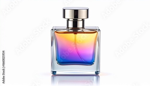 Captivating Scent of Essence: A sleek perfume bottle, a symbol of luxury and elegance, stands gracefully, its iridescent liquid shimmering with a mesmerizing array of colors.