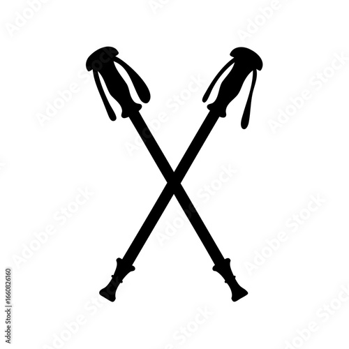 Stylized crossed trekking poles silhouette illustration on a clean white background