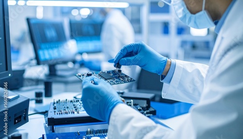 This image depicts a high-tech research and development environment. This image is suitable for themes such as innovation, technology, science, engineering, and electronics manufacturing