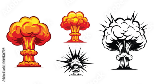 Various cartoon-style illustrations depicting different stages of a nuclear explosion with smoke and fire.