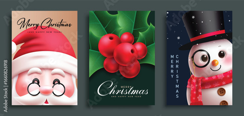 Merry Christmas greeting card clipart poster set. Santa Claus, snowman character and holly berry decoration elements clip art with Merry Christmas and happy new year greeting invitation card template 