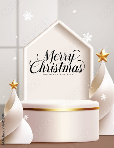 Merry Christmas podium clipart poster design. White elegant podium, pine tree, star elements and Merry Christmas greeting text clip art for xmas sale product display presentation in white background 