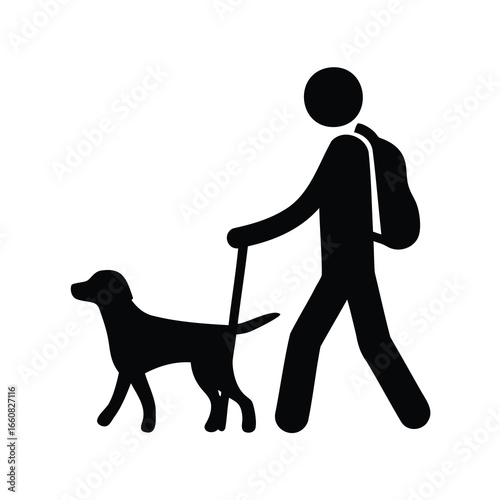 Silhouette of person walking dog with leash and backpack on white