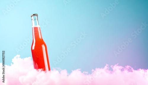 Cloud-borne Beverage: A vibrant bottle of sparkling soda floats amidst a whimsical arrangement of fluffy clouds, rendered in captivating detail with a dreamy color palette.