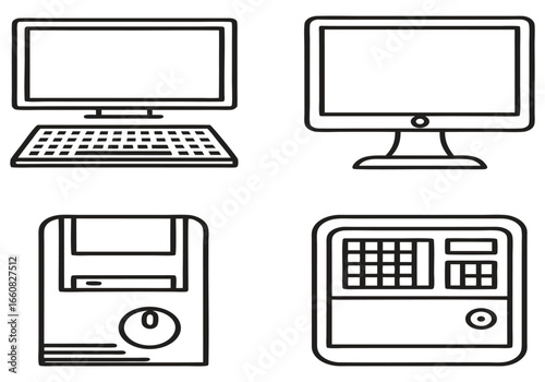 Computer monitor keyboard floppy disk drive and calculator