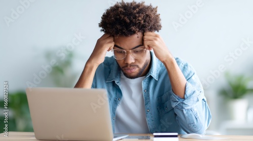 Frustrated african american man on laptop experiencing financial fraud, spam, or extortion, looking serious