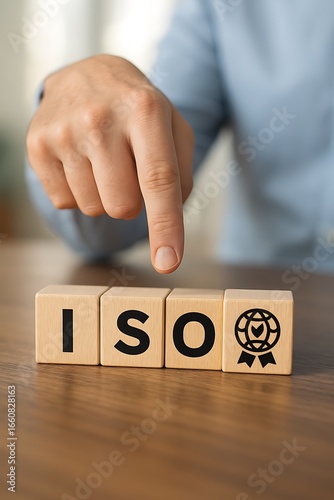 Hand points to wooden blocks spelling 'ISO' with an international quality standard symbol