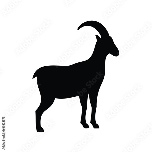 Black silhouette of an ibex standing gracefully against a white background