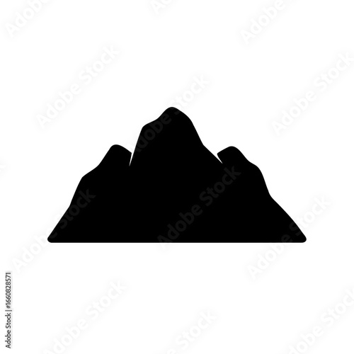 Silhouette of majestic mountain range with three peaks against white background