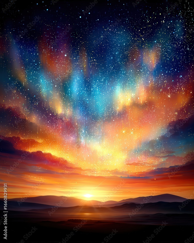 Fototapeta premium Aurora borealis glowing in the night sky with vibrant colors from a solar storm in stunning photorealistic detail.