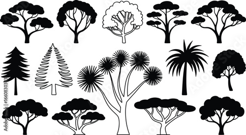 Variety of black and white tree silhouettes, different species shapes, nature elements, forest icons, vector art, isolated on white background