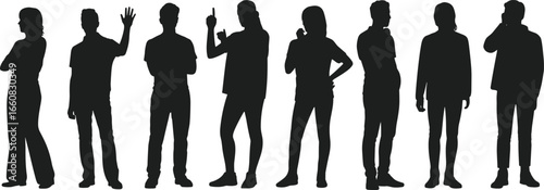 Group of diverse people silhouettes, standing in various poses, communication and interaction concept, casual clothing, teamwork, unity, social connection, collaboration