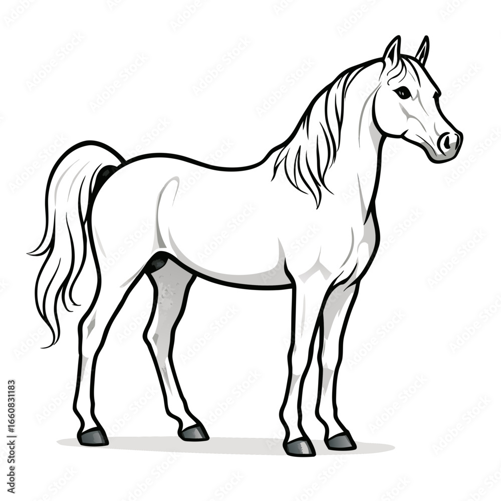 Obraz premium Elegant white arabian horse standing still with flowing mane and tail