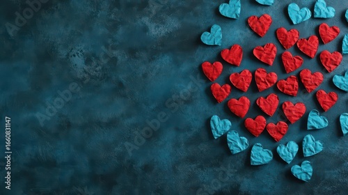 Creative arrangement of red and blue heart-shaped candies scattered on dark textured surface forming a romantic heart shape for love or Valentine's Day theme