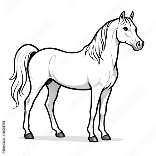 Elegant white arabian horse standing still with flowing mane and tail