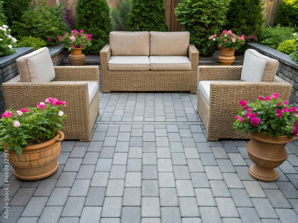 Obraz premium Spacious outdoor terrace patio with elegant rattan furniture set on grey brick stone flooring, bordered by blooming flowers and green plants in clay vases, relaxing atmosphere