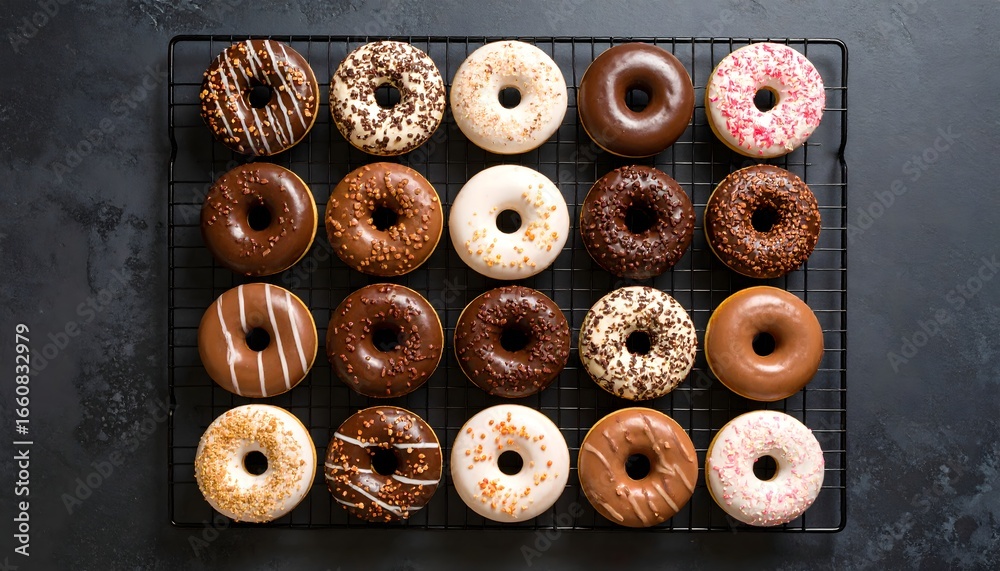 Fototapeta premium Assorted Chocolate and Pink Glazed Donuts on Black Wire Rack in Modern Kitchen